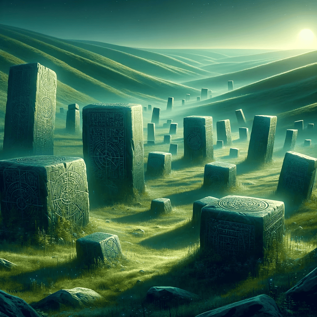 https://talestavern.com/wp-content/uploads/2023/12/DALL·E-2023-12-30-22.37.37-A-mystical-landscape-depicting-the-Fields-of-Enigmatic-Slabs-featuring-a-vast-expanse-of-green-rolling-hills-scattered-with-enormous-rune-covered-b.png